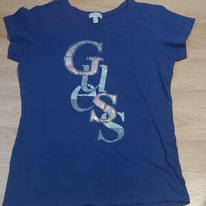 Guess Navy Tee with Silver And Pink Logo Sz XL